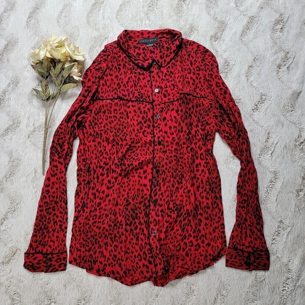 Sanctuary Red Cheetah Leopard Print Button Up Blouse Long Sleeve Size L‎
